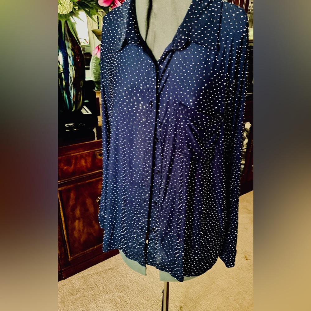 Navy Blue Polka Dot Button-Up Blouse